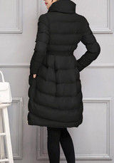 Black Sashes Pockets Band Collar Long Sleeve Elegant Skater Down Coat