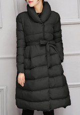 Black Sashes Pockets Band Collar Long Sleeve Elegant Skater Down Coat