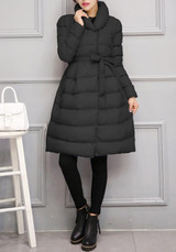 Black Sashes Pockets Band Collar Long Sleeve Elegant Skater Down Coat