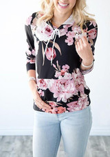 Black Floral Drawstring Pockets Hooded Casual Pullover Sweatshirt