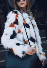 White Buttons Round Neck Long Sleeve Faux Fur Coat
