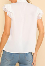 White Lace Ruffle Lace-up Chiffon Going out Blouse