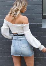 White Ruffle Midriff V-neck Long Sleeve Fashion Blouse