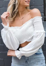 White Ruffle Midriff V-neck Long Sleeve Fashion Blouse