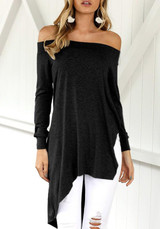 Black Irregular Side Slit Off Shoulder Long Sleeve T-Shirt