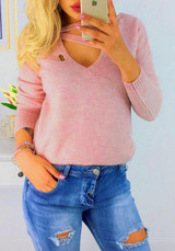 Pink Cut Out V-neck Long Sleeve Fashion Pullover Sweater Pink Cut Out V-neck Long Sleeve Fashion Pullover Sweater