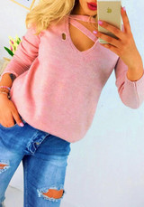 Pink Cut Out V-neck Long Sleeve Fashion Pullover Sweater Pink Cut Out V-neck Long Sleeve Fashion Pullover Sweater