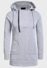 Grey Drawstring Zipper Pockets Hooded Long Sleeve Pullover Sweatshirt