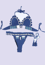 Blue Patchwork Tie Back 2-in-1 V-neck Knit Swimwear