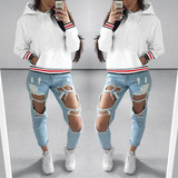 White Striped Print Pockets Round Neck Fashion Pullover Sweatshirt