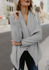 Grey Plain Irregular Turndown Collar Long Sleeve Casual Coat