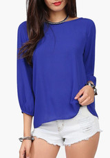 Blue Patchwork Backless Bow Round Neck Long Sleeve Fashion T-Shirt