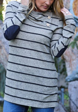 Grey Striped Buttons Irregular Long Sleeve Casual T-Shirt