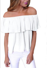White Ruffle Boat Neck Short Sleeve Fashion Blouse