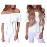 White Ruffle Boat Neck Short Sleeve Fashion Blouse