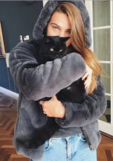 Blue Pockets Zipper Hooded Long Sleeve Faux Fur Coat