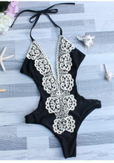 Black Patchwork Lace Tie Back Plunging Neckline Swimwear Black Patchwork Lace Tie Back Plunging Neckline Swimwear