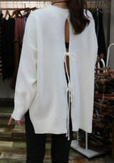 Beige Plain side slit Round Neck Fashion Cotton Pullover Sweater