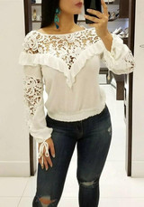 White Patchwork Lace Peplum Round Neck Long Sleeve T-Shirt White Patchwork Lace Peplum Round Neck Long Sleeve T-Shirt