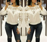 White Patchwork Lace Peplum Round Neck Long Sleeve T-Shirt White Patchwork Lace Peplum Round Neck Long Sleeve T-Shirt