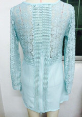 Green Patchwork Lace Hollow-out Zipper Vintage Round Neck Blouse