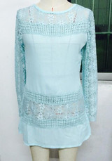 Green Patchwork Lace Hollow-out Zipper Vintage Round Neck Blouse