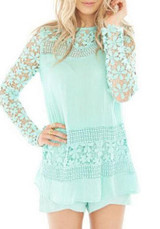 Green Patchwork Lace Hollow-out Zipper Vintage Round Neck Blouse