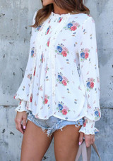White Floral Print Irregular Draped Long Sleeve Sweet Cute Blouse White Floral Print Irregular Draped Long Sleeve Sweet Cute Blouse