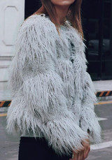 Grey Draped Long Sleeve Faux Fur Fashion Coat