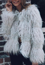 Grey Draped Long Sleeve Faux Fur Fashion Coat
