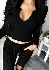 Black Crop Plunging Neckline Long Sleeve Fashion Blouse