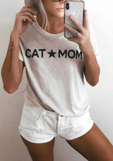 White "CAT MOM" Print Round Neck Casual T-Shirt