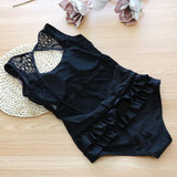 Black Patchwork Lace Ruffle Backless One Piece Bikini Swimwear