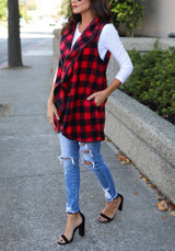 Red-Black Plaid Irregular Pockets Turndown Collar Christmas Casual Cardigan Vest Coat