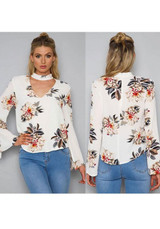 White Flowers Print Halter Neck V-neck Long Sleeve Flare Sleeve Blouse