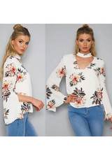 White Flowers Print Halter Neck V-neck Long Sleeve Flare Sleeve Blouse