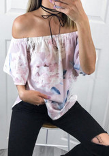 Pink Floral Irregular Ruffle Boat Neck Short Sleeve Blouse
