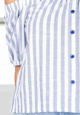 White-Blue Striped Boat Neck Off Shoulder Buttons Zipper Fashion Blouse