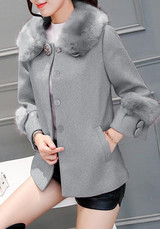 Grey Pockets Buttons Fur Collar Long Sleeve Wool Coat