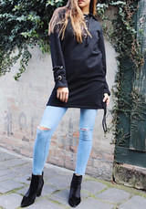 Black Drawstring Hooded Long Sleeve Casual Pullover Sweatshirt