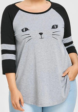 Grey Striped Cat Print Irregular Cute Casual T-Shirt