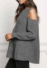 Grey Plain Cut Out Off-shoulder Draped Long Sleeve Oversized Pullover Sweater