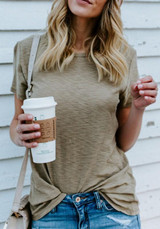 Khaki Draped Short Sleeve Round Neck Casual T-Shirt