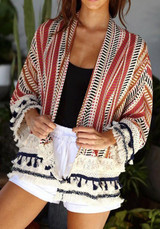 Red Striped Print Tassel Long Sleeve Casual Cotton Coat