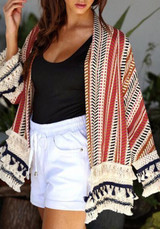 Red Striped Print Tassel Long Sleeve Casual Cotton Coat
