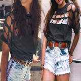 Black Hollow-out Round Neck Short Sleeve Casual Oversized T-Shirt