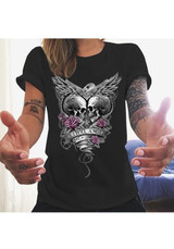 Black Skull Floral Print Round Neck Short Sleeve Casual T-Shirt