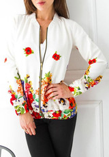 White Floral Round Neck Long Sleeve Casual Jacket