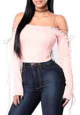 Pink Plain Bandeau Boat Neck Off-shoulder Lace-up Crop T-shirt