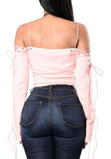 Pink Plain Bandeau Boat Neck Off-shoulder Lace-up Crop T-shirt